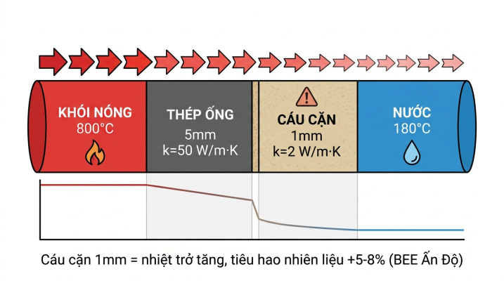 Cáu cặn và hiệu suất lò hơi: số liệu, tổn thất & cách xử lý 2 Cáu cặn làm giảm quá trình truyền nhiệt